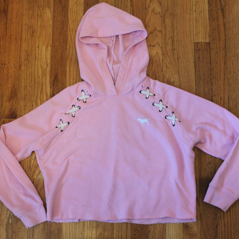 Pink Victoria's Secret cropped pink lace up hoodie